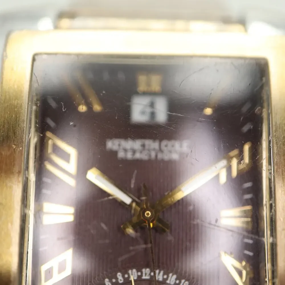 Reaction Kenneth Cole Two Tone 34mm Watch Brown Retrograde Stretch w New Battery